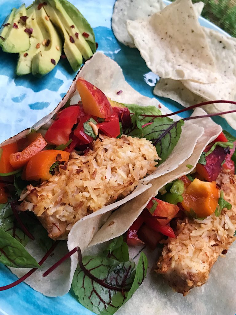 Peach Salsa Fish Tacos